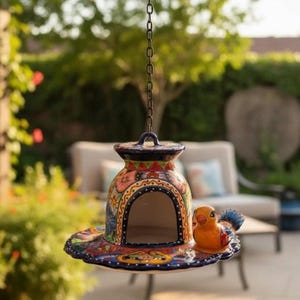 Hand Painted Vibrant Talavera Hanging Bird Feeder
