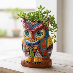 Hand Painted Mexican Talavera Colorful Folkart Owl Planter Pot, Raspberry Pink Eyebrow