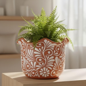 Handpainted Mexican Talavera Scalloped Rim Planter Pot, Tabletop Large, Brown & White Signature Floral