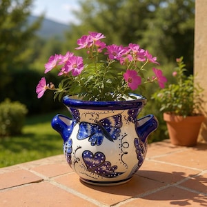 Beautiful Hand Painted Talavera Blue & White Butterfly Planter Pot with Handles (Varying Design)