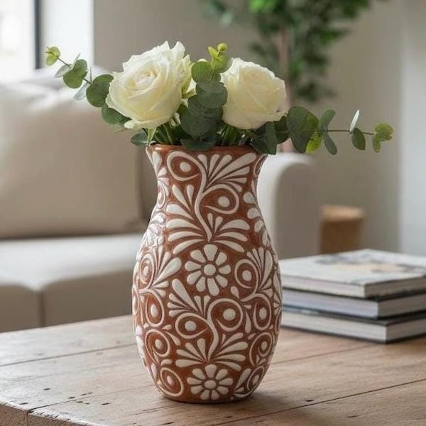 Hand Painted Mexican Talavera Flower Vase, Brown & White Signature Floral