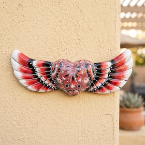 Hand Painted Mexican Talavera Winged Sacred Heart Wall Decor, Red & White