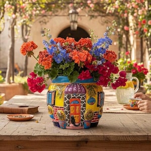May include: A colorful ceramic flower pot shaped like a house, filled with vibrant orange, blue, and red flowers. The pot has a yellow base with painted details of a door, windows, and a black cat. The pot sits on a wooden table.