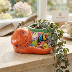 Hand Painted Mexican Talavera Small Sleeping Cat Planter Pot, Coral