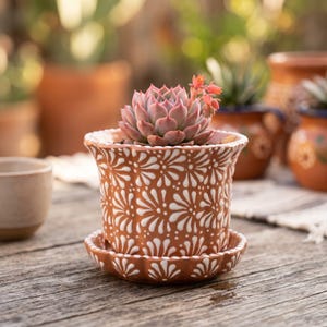 Hand Painted Mexican Talavera Flared Rim Planter Pot with Saucer, Tabletop Small, Brown & White, Cielito Lindo