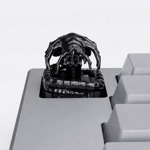May include: A black, stylized keycap featuring a detailed, insectoid skull design. The keycap is mounted on a gray keyboard base, with adjacent keys visible. The skull has intricate details and a glossy finish, creating a striking contrast.