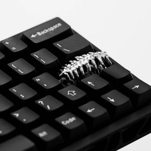 May include: A silver-colored ring with a spiky design rests on a black keyboard. The keyboard keys are black with white lettering, including the "Backspace" key. The image is in grayscale.