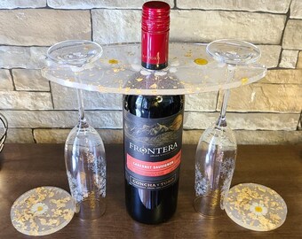 CUSTOMIZED Epoxy Resin Wine bottle and Glasses Holder with 2 coasters