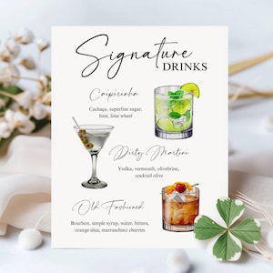 Modèle de menu de bar signature signature en vedette Menu de bar imprimable minimaliste Modèle de menu de boisson moderne modifiable avec boissons et garnitures
