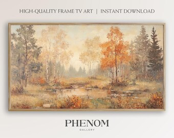 May include: A painting of a forest scene with a stream running through it. The trees are mostly deciduous and are in various shades of green, yellow, and orange. The stream is a light blue color and reflects the sky. The painting is done in a realistic style and has a soft, dreamy feel.