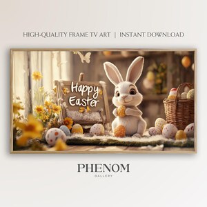 May include: A white bunny rabbit holding a yellow Easter egg sits in front of a wooden sign that reads "Happy Easter". The bunny is surrounded by colorful Easter eggs and yellow flowers.