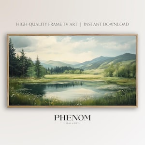May include: A digital painting of a serene landscape with a lake reflecting the sky and mountains in the distance. The lake is surrounded by lush green trees and grass. The sky is a soft blue with white clouds.