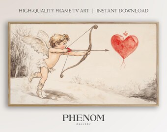 May include: A vintage illustration of a winged cherub aiming an arrow at a red heart-shaped balloon. The cherub is wearing a white tunic and has a bow and arrow. The background is a light brown with a hint of green.