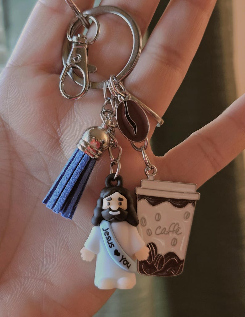 Jesus Coffee Keychain | Christian Faith Gift Bag Charm, Tassel Accessory image 8