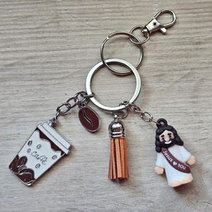 Jesus Coffee Keychain | Christian Faith Gift Bag Charm, Tassel Accessory image 6