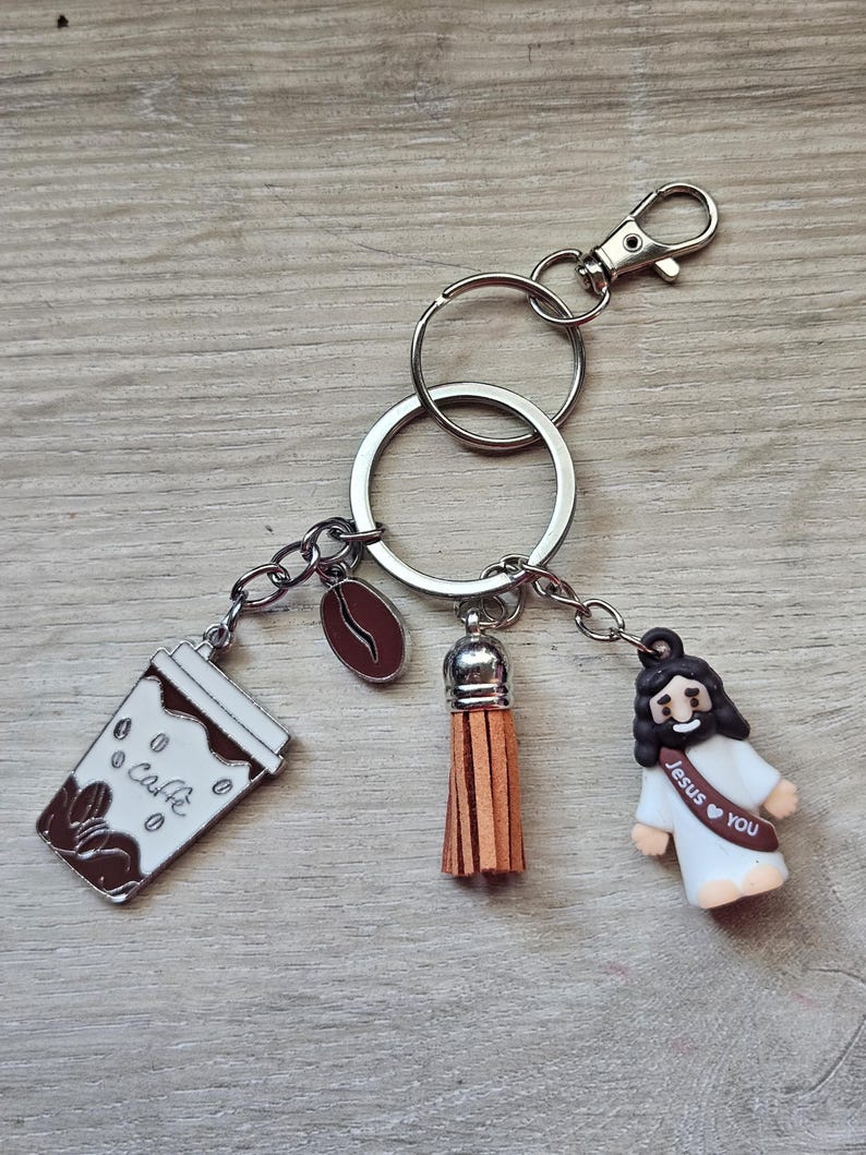 Jesus Coffee Keychain | Christian Faith Gift Bag Charm, Tassel Accessory image 6