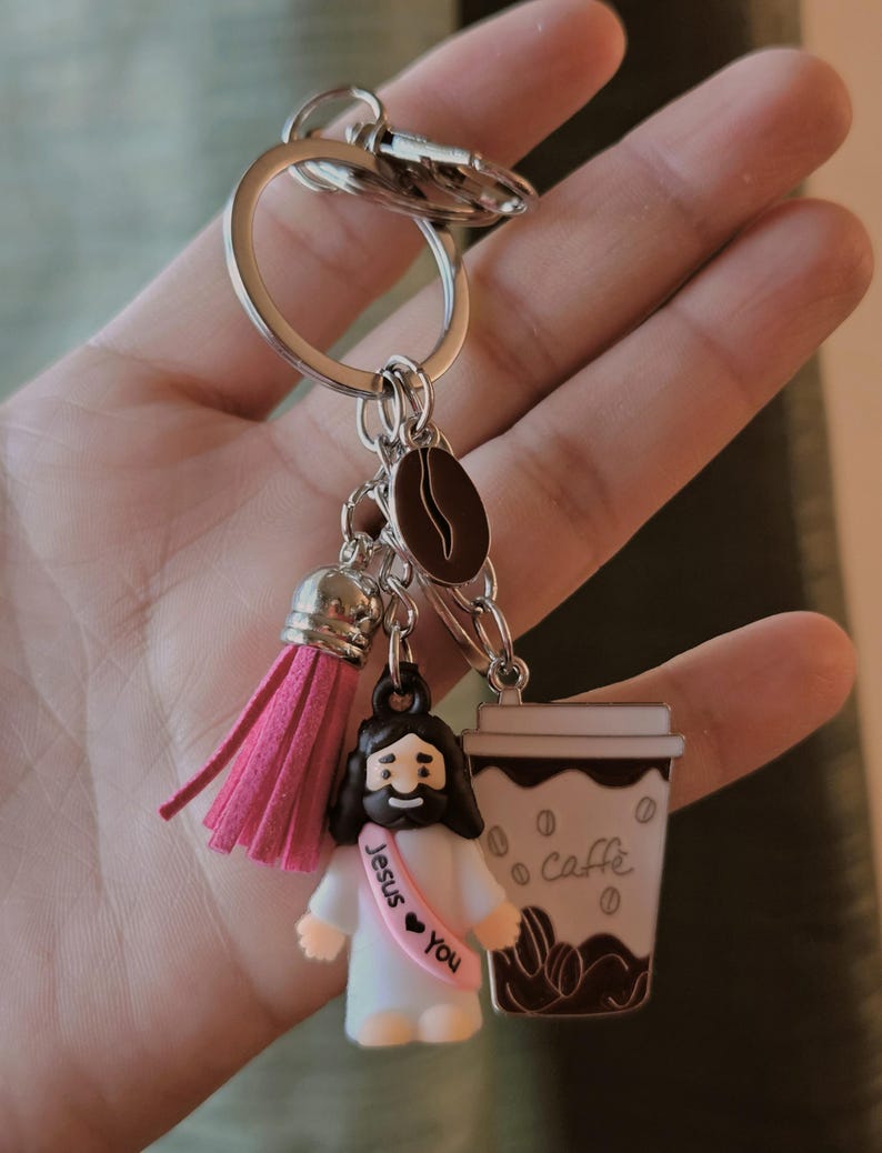 Jesus Coffee Keychain | Christian Faith Gift Bag Charm, Tassel Accessory image 10