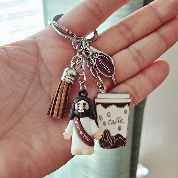 Jesus Coffee Keychain | Christian Gift for Women | Religious Cute Keychain | Faith Coffee Lover Gift | Tassel Bag Charm
