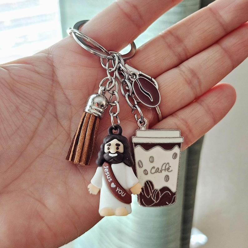 Jesus Coffee Keychain | Christian Faith Gift Bag Charm, Tassel Accessory image 1