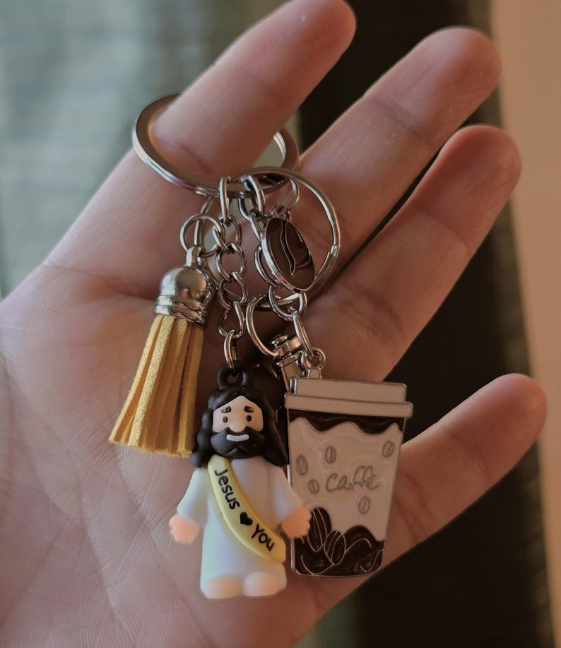 Jesus Coffee Keychain | Christian Faith Gift Bag Charm, Tassel Accessory image 11