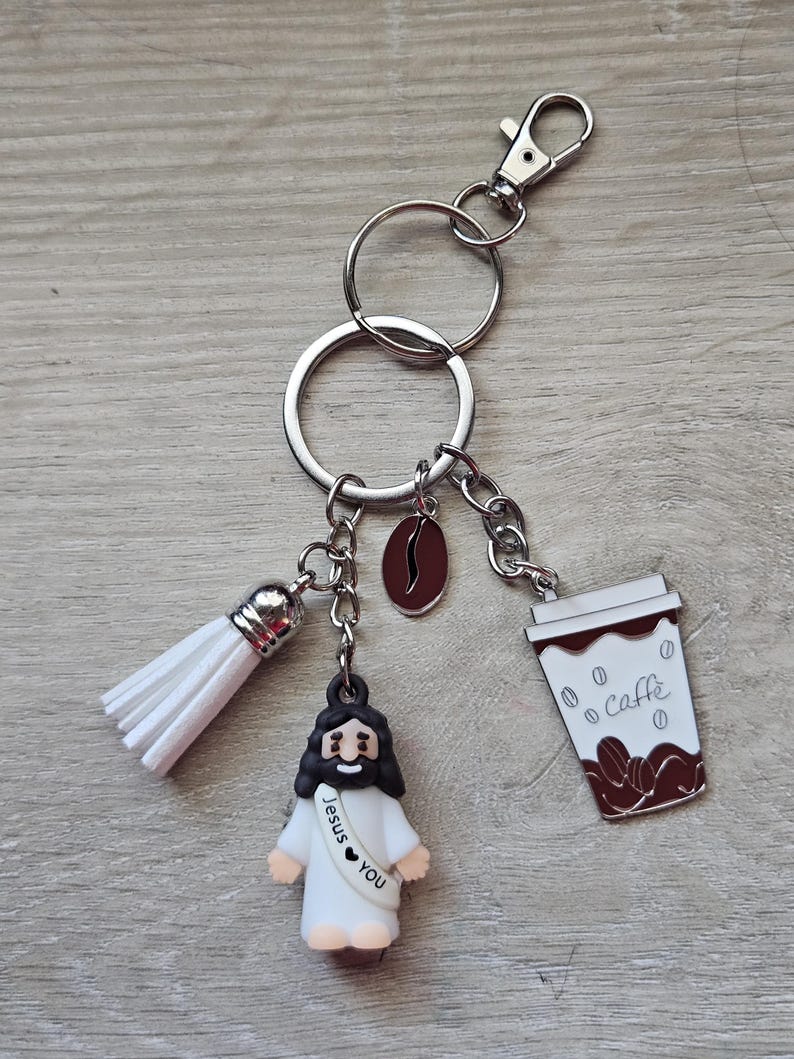 Jesus Coffee Keychain | Christian Faith Gift Bag Charm, Tassel Accessory image 5