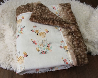 Deer Faux Fur Baby Girl Quilt -  Faux Fur Minky Baby Quilt Blanket Floral Fawn Woodland