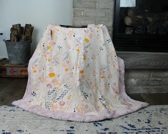 Wildflower Faux Fur Baby Girl Quilt in Dusty Rose -  Faux Fur Minky Baby Quilt Blanket Floral