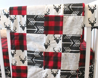 Woodland Deer and Buffalo Plaid Baby Quilt -  Patchwork Minky Blanket Baby Boy - Black and Red Plaid Buck Arrow Woodgrain