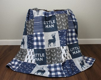 Little Man Woodland Baby Boy Wholecloth Quilt in Navy -  Minky Baby Quilt Blanket Antler Plaid Buck Deer Woodgrain