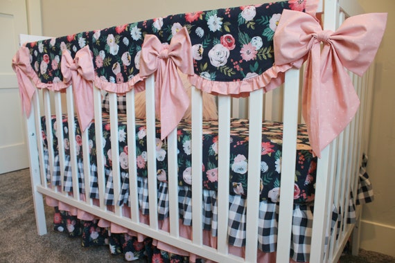 Floral In Navy And Blush Pink Custom Crib Bedding Set Pink Etsy