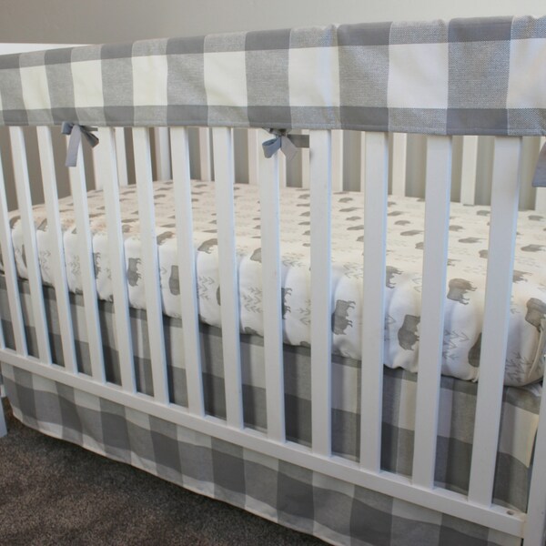 Grey Plaid Baby Bedding -  Buffalo Print Crib Sheet - Gender Neutral Baby Boy Baby Girl Bedding Buffalo Plaid Rail Cover Sheet Crib Skirt