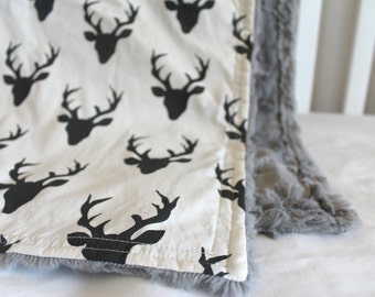 Buck Forest Baby Blanket - Black on Cream Deer Silhouette - Grey Minky Minkee