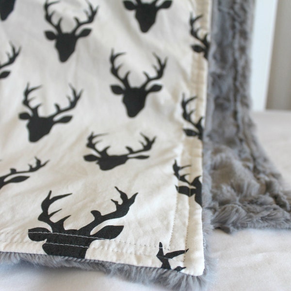 Buck Forest Baby Blanket - Black on Cream Deer Silhouette - Grey Minky Minkee