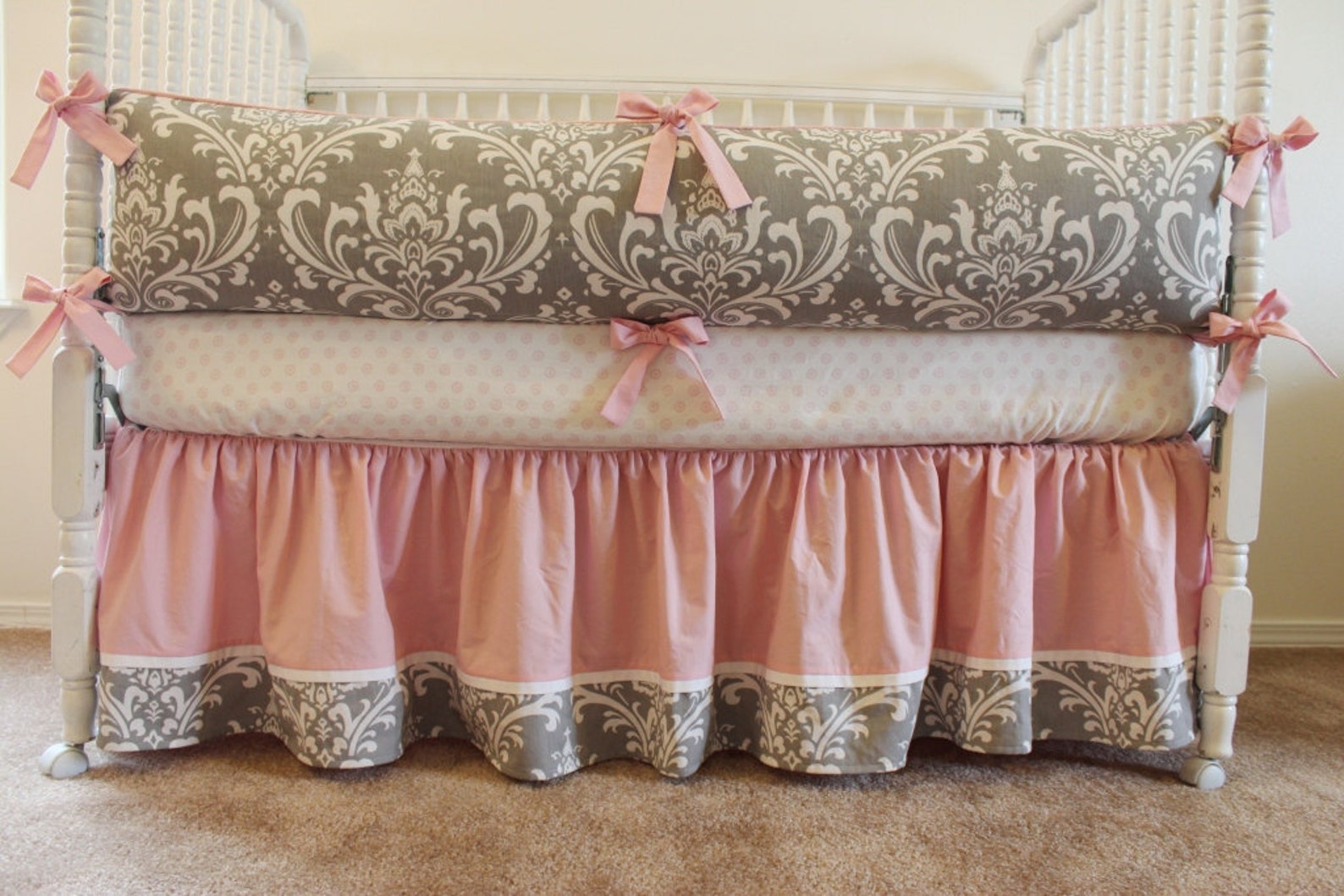 Custom Crib Bedding Set Soft Damask in Grey and Pink Etsy