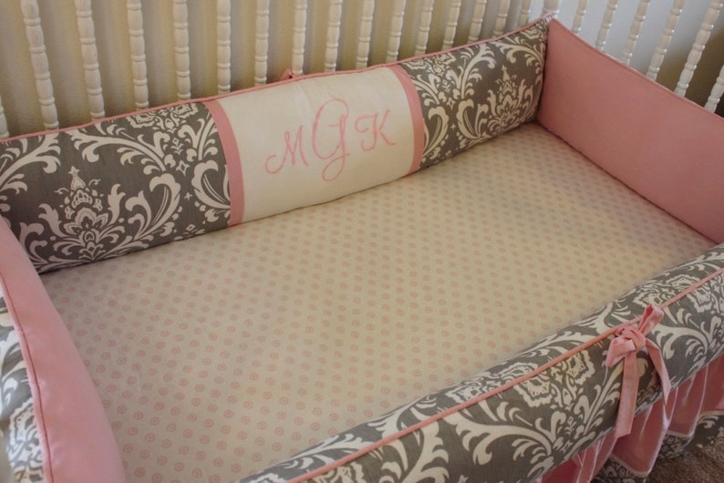 Custom Crib Bedding Set Soft Damask in Grey and Pink Etsy