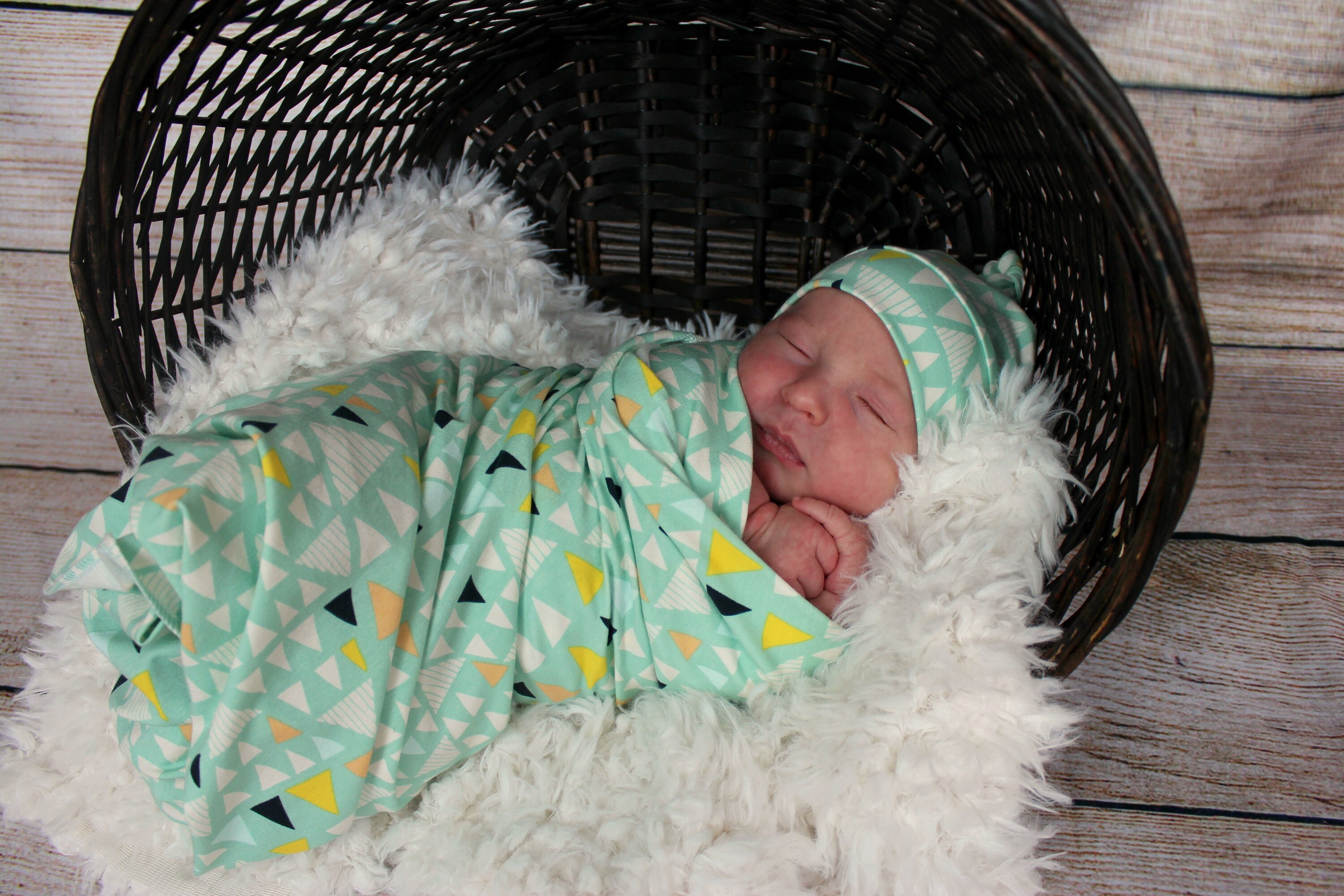 Swaddle Set Boy or Girl Blanket and Top Knot Hat Stretchy Jersey