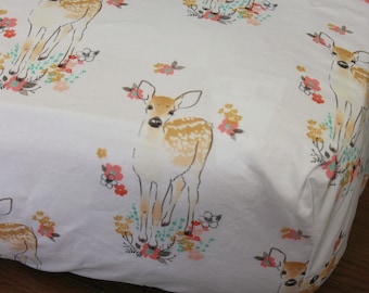 Fitted Crib Sheet or Changing Pad Cover - Floral Deer Fawn in Meadow