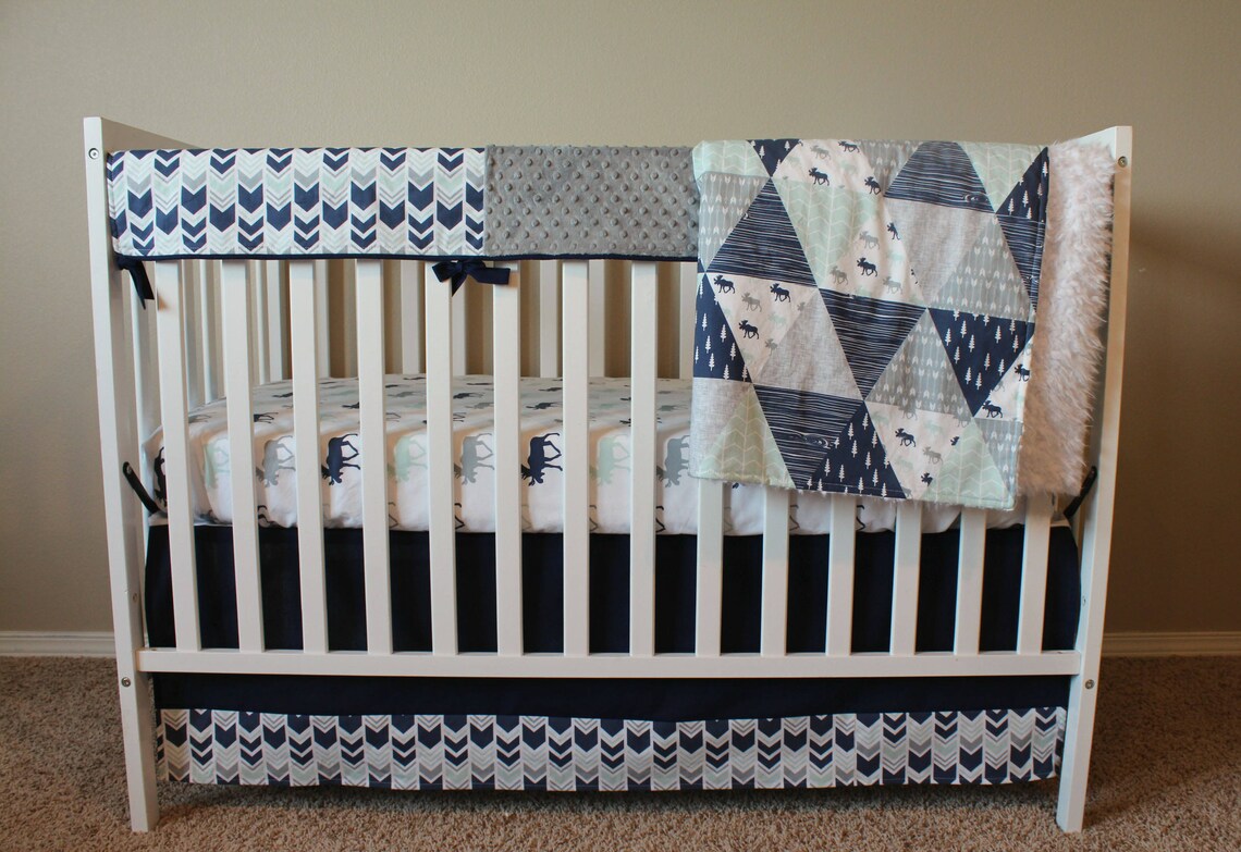 Custom Crib Bedding Set Northern Lights in Navy Aqua and Etsy