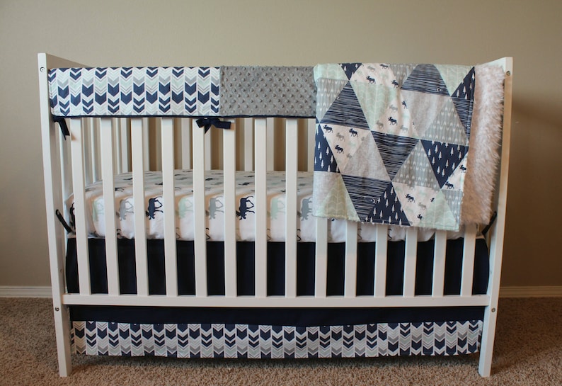 Custom Crib Bedding Set Northern Lights in Navy Aqua and Etsy