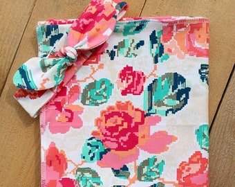 Floral Swaddle Set Blanket and Top Knot Hat or Headband - Stretchy Jersey Knit Swaddle for Baby Girl - Shower Gift Set