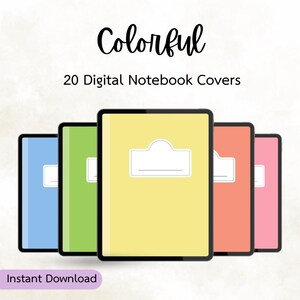 Könnte beinhalten: Zwanzig digitale Notizbuchcover in verschiedenen Farben, darunter Blau, Grün, Gelb, Orange und Pink. Jedes Cover hat ein schlichtes Design mit einem weißen Etikett für einen Titel.