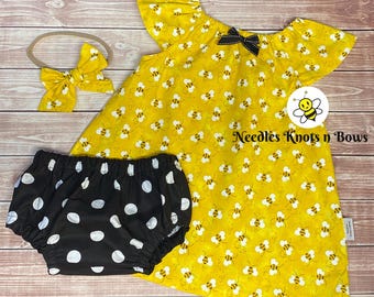 Bee Dress & Bloomers for Baby Girls and Toddlers, Bee Outfit, Flutter Sleeve Bee Dress, Newborn - Size 4