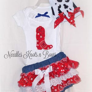 Western Cowgirl Outfit, Baby Shower Outfit, Rodeo Outfit, 1st Birthday Outfit, Newborn to size 4, Denim & Red Bandana