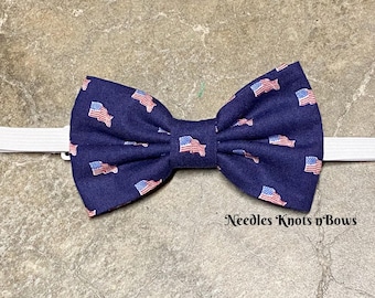 American Flags on Blue Pre-Tied Bow Tie, USA Flags, 4th of July Patriotic Bow Tie, Adjustable Length Strap