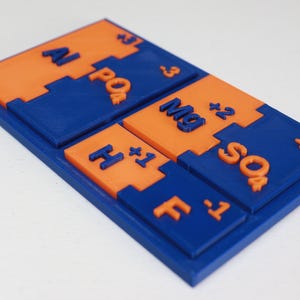 May include: A blue and orange puzzle featuring chemical element symbols and charges. The puzzle pieces include Al, PO4, Mg, SO4, H, and F, with corresponding charges. The puzzle is designed to fit together, showcasing a chemistry-themed educational toy.