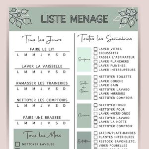 Peut inclure: Une liste de tâches ménagères imprimable, avec des sections pour les tâches quotidiennes, hebdomadaires et mensuelles. La liste est divisée en catégories telles que les surfaces, la salle de bain, la cuisine et l'entretien. Chaque tâche est représentée par une case à cocher.