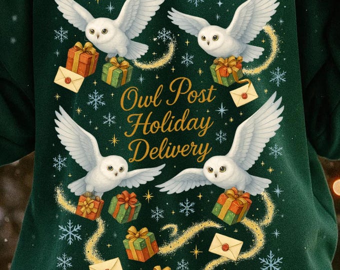 Magical Owl Holiday Delivery Sweatshirt: Festive Wizard School Parody Pullover for Potter Fans
