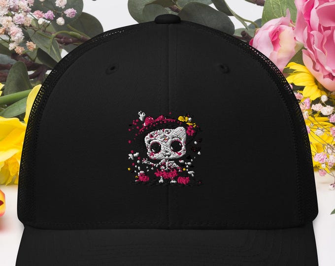 Parody Skeleton Cat Sugar Skull Trucker Hat - Day of the Dead Festival Calavera Cap - Gothic Halloween Accessory
