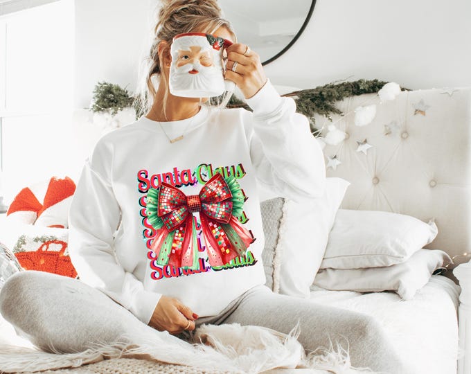 Parody Personalizable Santa Claus Sequinned Bow Sweatshirt Festive Holiday Fashion