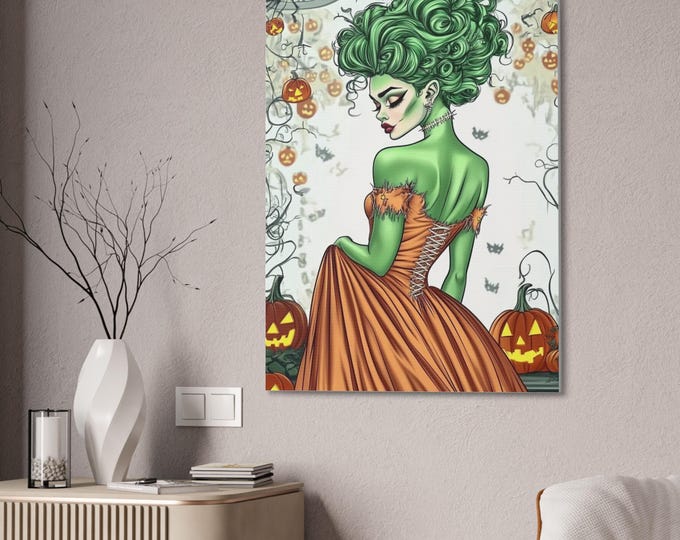 Whimsical Halloween Canvas: Vintage Green Horror Girl with Pumpkin - Spooky Wall Art Decor